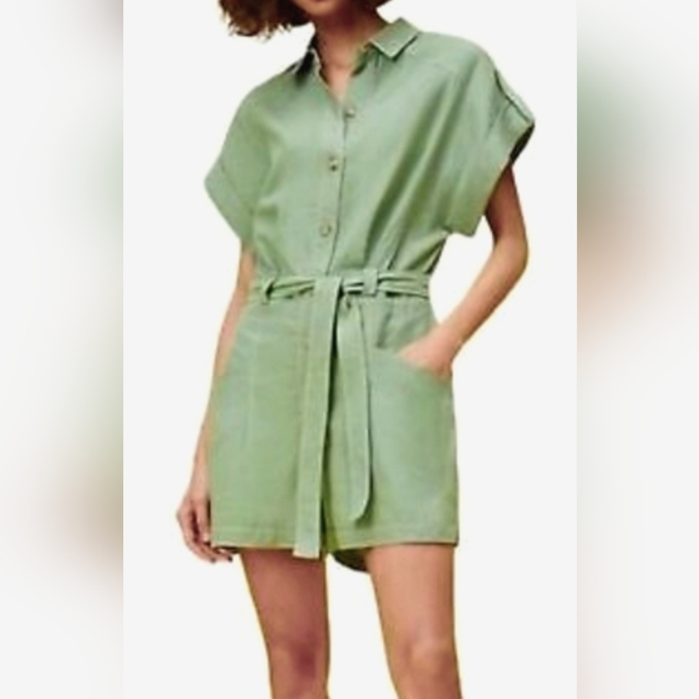 Zara Sage Green Linen Blend Romper With Tie Belt